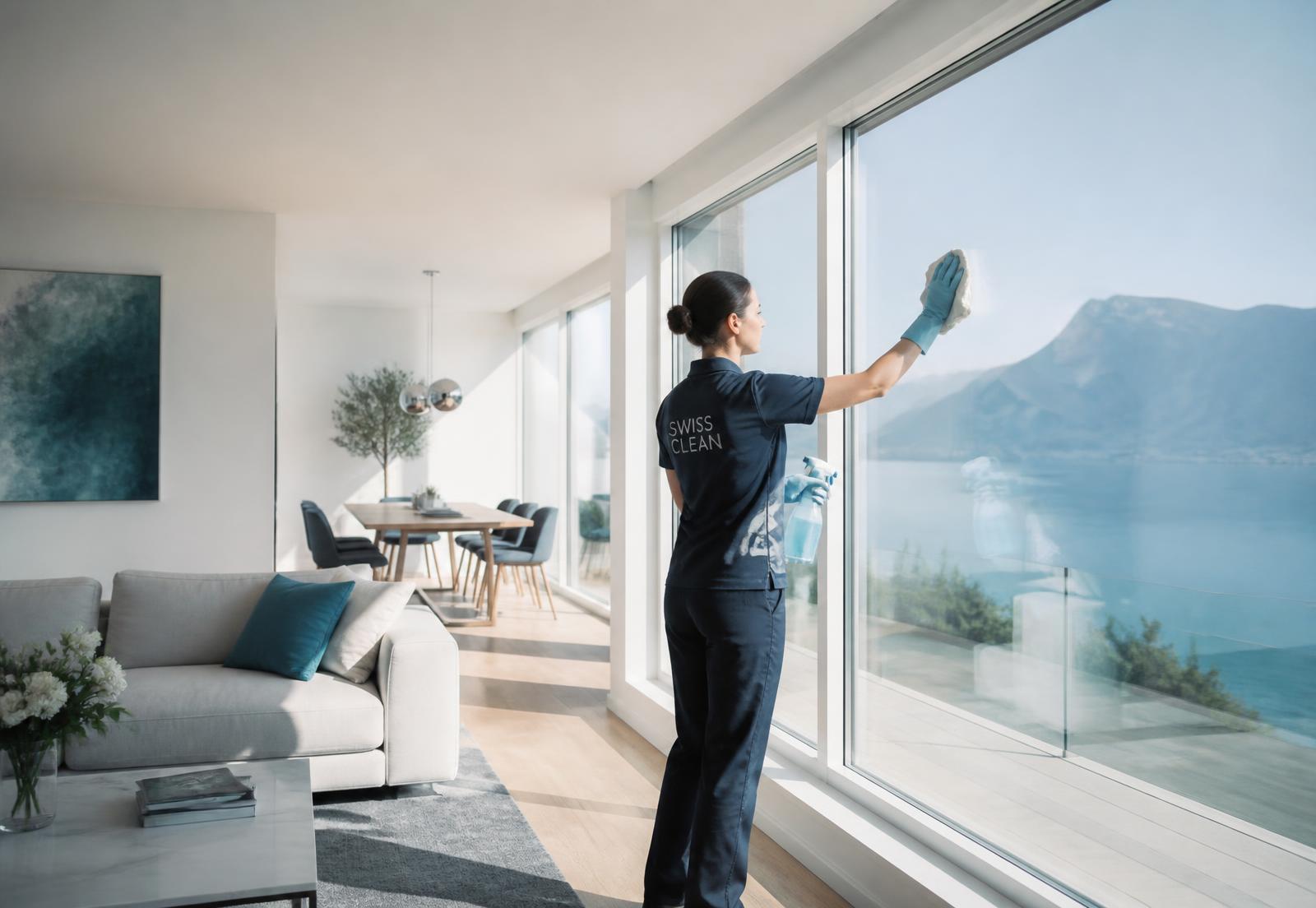 Professionnelle KMClean nettoyant une baie vitrée dans un intérieur suisse lumineux